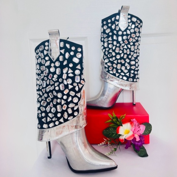 Lauren Lorraine Shoes - LAUREN LORRAINE ~ Black Suede w/Silver Crystals Croc Embossed 4” Heeled Boots